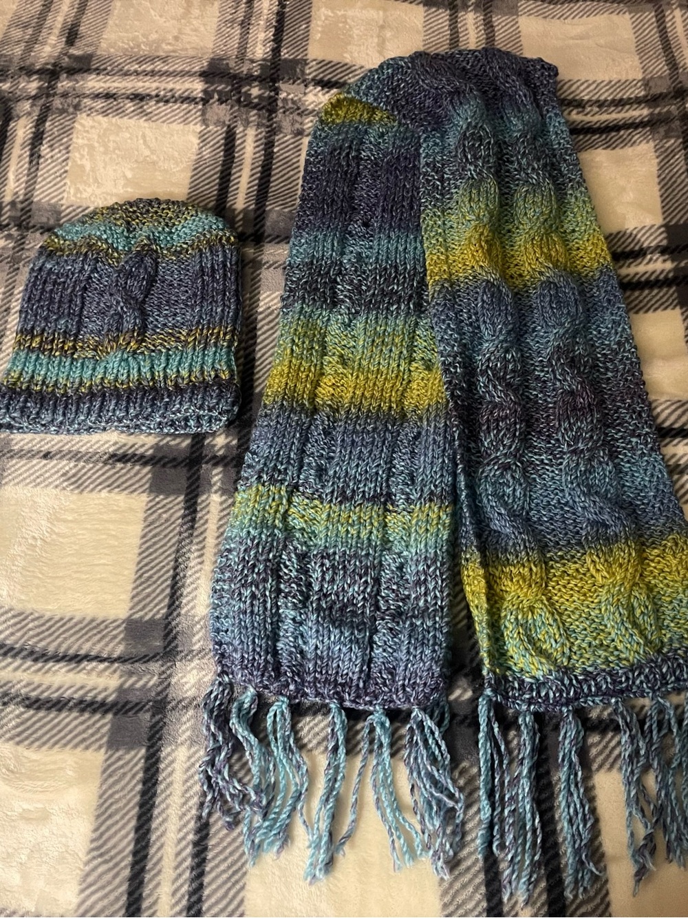 Handknit Blue-Green Striped Cable Scarf & Beanie Set